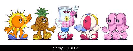 Retro-Sommer-Strand-Cartoon-Charaktere, lächelndes, grooviges Sonnenmaskottchen, tropische Ananas in Sonnenbrille, süße spf-Tube mit Flipflops und aufblasbarem Flamingo,. Lustiger Urlaub Vektor isoliert auf weiß Stock Vektor