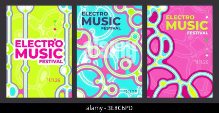 Abstraktes Musikposter mit bunten geometrischen Mustern, Retro-Vektor-Hintergrund-Set. Modernes Sounddesign für Partyflyer, Konzerteinladungen, elektronische Musikveranstaltungen mit Kugeln, Kugeln oder Blasen Stock Vektor