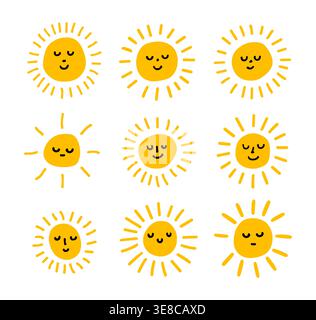 Niedliche Sonne Vektor Gesicht Cartoon Icon. Emoji SUN kawai Smile Logo Stock Vektor