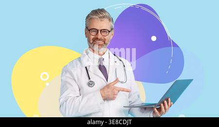 Doktor zeigt Laptop in hellem Collage Hintergrund, um Gesundheitsinformationen zu teilen Stockfoto