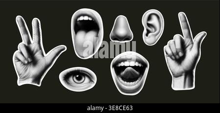 Pop Art Collage menschliche Gesichtshänder. Pop Art Collage Halbtoneffekt lebendiges Gelb, modernes Mund-Augen-Nasen-Design Stock Vektor