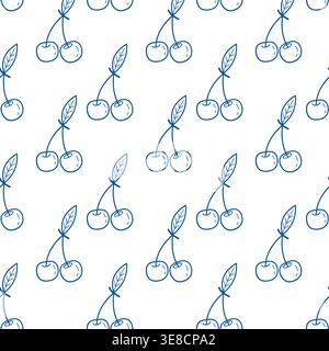 Kirschfrucht nahtloses Muster blaue Linie Kunst Doodle Sommer Beere Hintergrund für Textildruck Stock Vektor