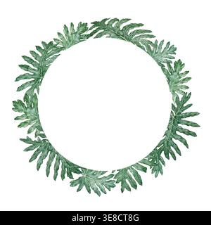 Runder Kranz mit tropischen Blättern. Handgezeichneter grüner Laubkreis mit detaillierter Textur und realistischer Pflanzenform. Blumendesign für Gartenkarte. Natur-Grün-Vorlage für botanische Kunst. Stockfoto