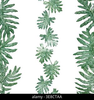 Tropische Blätter nahtloses Muster von Philodendron Selloum Aquarellhintergrund. Handgezeichnetes, vertikal gestreiftes grünes Laub mit realistischer Pflanzenstruktur. Natur-Strauchgirlande für Textildesign. Stockfoto
