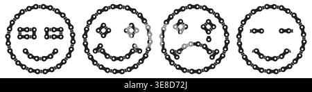 Smiley-Gesichter aus Fahrradketten, die verschiedene Emotionen zeigen. Minimale schwarze Kontursymbole isoliert auf hellem Hintergrund. Stockfoto