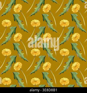 Das nahtlose Aquarellmuster zeigt leuchtend gelbe Löwenzahn. Das handgemalte Design zeigt realistische Blumen und scharfe grüne Blätter, die in A angeordnet sind Stockfoto