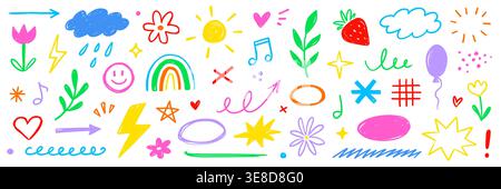 Buntstift Bleistift Kinderfarbe Symbol Set. Handgezeichneter Buntstift Pastellpinsel Farbe Kreidelinie Scribble Textur. Niedliches Kind Kinder Regenbogen Herz Stern Sonne Wolke Blume Schmetterling. Vektorabbildung Stock Vektor