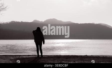 Einsame Frau, die Silhouetten an einem nebeligen Seeufer mit Bergen im entsättigten Hintergrund, Japan. Eine stimmungsvolle atmosphärische Szene, die an Einsamkeit, Introspektion und den stillen Dialog zwischen menschlicher Präsenz und Natur erinnert. Stockfoto