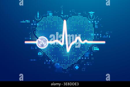 Konzept der Kardiologie oder Herzgesundheit, Darstellung der Herzform mit Stethoskop in futuristischem Stil Stock Vektor