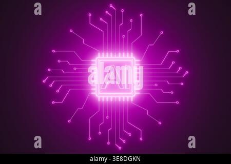 AI-Mikrochip mit rosa glühenden Schaltungslinien auf dunklem Hintergrund Stockfoto