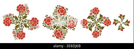 Vektorsatz von dekorativen runden Blumenclips Kunst. Sammlung von Tracery-Blättern Mandala mit roten Blumen und grünen Blättern zur Einladung, Postkarte und Stock Vektor