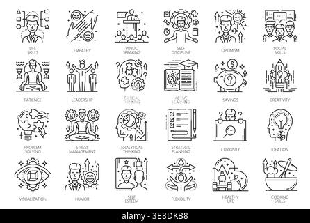 Icons für Lebensfähigkeit, Vektorlinien Zeichen für Empathie, Kommunikation, Führung, kritisches Denken, Lernen, Kreativität und persönliche Entwicklung. Symbole für Psychologie, Motivation und gesunde Lebensweise Stock Vektor