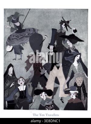 Sammlung von stilisierten Charakteren, die eine vielfältige Gruppe von rätselhaften Personen darstellen, die in verschiedenen theatralischen oder historischen Kostümen gekleidet sind und ein Gefühl des Staunens und der Neugier schaffen. Von den seltsamen Inseln von Boschère, Jean de, 1878-1953 Veröffentlichungsdatum 1921 Stockfoto