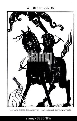 Stilisierte Schwarz-weiß-Illustration mit einer surrealen Szene mit einer fantastischen Figur, die auf einem Pferd reitet, einem seltsamen Gesicht darüber und einer kleinen Figur, die das Pferd sägt. Von den seltsamen Inseln von Boschère, Jean de, 1878-1953 Veröffentlichungsdatum 1921 Stockfoto