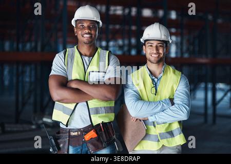 Geschäftspersonal, Porträt- oder Vertragsteam mit Vertrauen in das Lager für die Lagerwartung. Geschäftsleute, Ingenieur oder Lächeln mit überkreuzten Armen Stockfoto