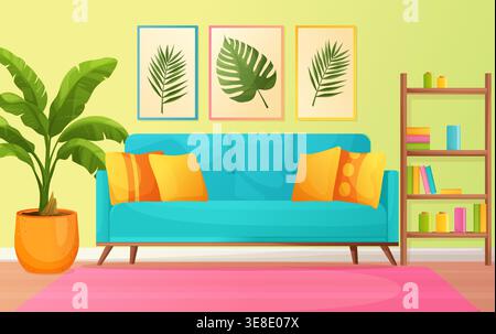 Modernes Wohnzimmer Innenvektorillustration mit Sofa und Pflanze Stock Vektor