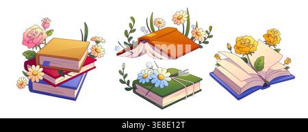 Buchstapel mit Blumen Karikaturvektor Illustration isoliert auf weißem Hintergrund. Geöffnete und geschlossene Bücher, gebunden mit Schnur oder Kordeln und mit Blumenstrauß zwischen den Seiten, Sommer- oder Frühlingsleseelemente Stock Vektor