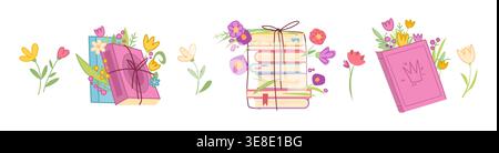 Buchstapel mit Blumen Karikaturvektor Illustration isoliert auf weißem Hintergrund. Geöffnete und geschlossene Bücher, gebunden mit Schnur oder Kordeln und mit Blumenstrauß zwischen den Seiten, Sommer- oder Frühlingsleseelemente Stock Vektor