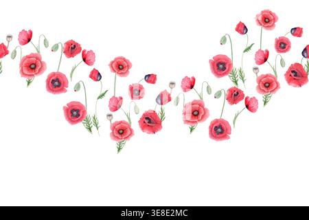 Aquarellroter Mohn nahtlose Grenze mit floralem Wiederholungsmuster, botanisches Wildblumendesign isoliert auf weiß für Stoff, Verpackung, Tapete Stockfoto