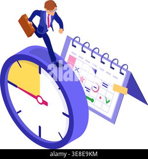 Planung Zeitmanagement mit Stoppuhr Terminkalender und Geschäftsmann mit Aktenkoffer in Eile vor Ablauf der Frist isometrische Infografiken Stock Vektor