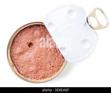 Tierpastete in einer offenen Dose kann auf weißem Hintergrund, isoliert, Nahaufnahme machen. Draufsicht Stockfoto