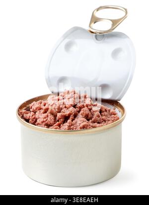 Pastete für Haustiere in einer offenen Dose kann auf weißem Hintergrund Nahaufnahme machen. Isoliert Stockfoto