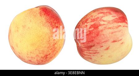 Zwei frische reife Pfirsiche isoliert auf weißem Hintergrund. Hellgelbe Variante mit rotem Röten von verschiedenen Seiten. Saftige Sommersteinfrucht, natürlich Stockfoto