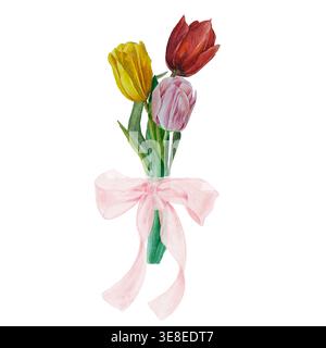Aquarellstrauß aus drei Tulpen in Rot, Gelb und Rosa, mit Band und Schleife. Handgezeichnet Stockfoto