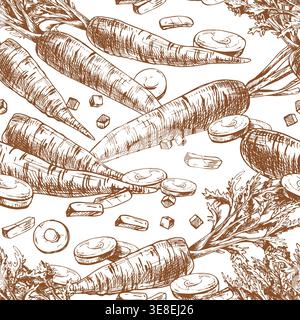 Handgezeichnetes nahtloses Karottengemüse, illustriert mit Stift und Tinte. Grafische Umrissskizze für den Hintergrund von Bio-Lebensmitteln, Farm Stock Vektor