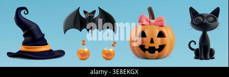 Halloween geschnitztes Kürbismädchen, Charakter 3D Vektor-Rendering. Niedliche schwarze Katze, glückliche fliegende Fledermaus, gruseliger Hexenhut, Zaubertrank-Trick oder Leckerli Stock Vektor