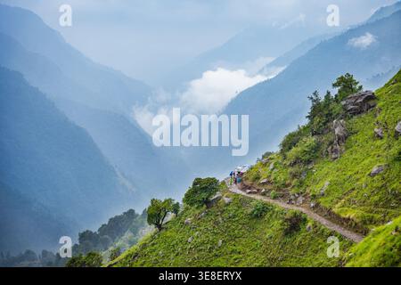 Dieses Bild fängt eine atemberaubende Berglandschaft mit einem gewundenen Pfad ein, der zum majestätischen Madmaheshwar-Tempel in Uttarakhand, Indien, führt. Die Ruhe Stockfoto