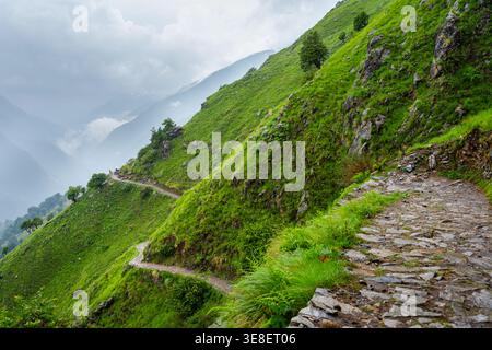 Das Bild zeigt einen gewundenen Steinweg durch üppige grüne Hügel, der zum majestätischen Madmaheshwar-Tempel in Uttarakhand, Indien, führt. Das ruhige Land Stockfoto