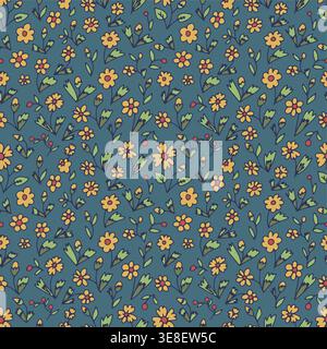Nahtloses Blümchenmuster auf blauem Hintergrund. Handgezeichneter Vintage-Hintergrund mit winzigen gelben Blumen. Cottagecore-Textur Stock Vektor