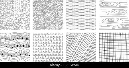 Schraffurtexturen mit handgezeichneter Linienarbeit und Doodle-Muster-Vektor-Illustration Set. Stock Vektor