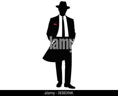 Elegante Geschäftsmann-Silhouette in Anzug und Hut stehen selbstbewusst Stock Vektor
