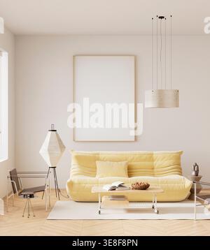 Helles, minimalistisches Wohnzimmer mit Posterrahmen und gelbem Sofa im skandinavischen Stil, mit weichem Tageslicht und sauberem, zeitgenössischem Dekor Stockfoto