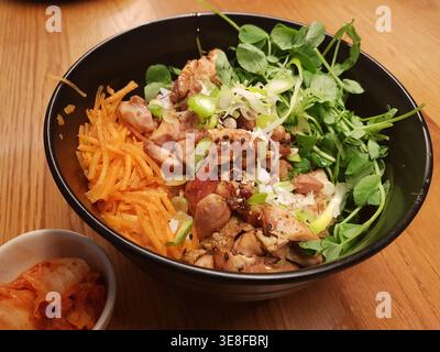 Donburi, Hühnchen mit Teriyaki-Sauce, serviert mit weißem Reis und Gemüse Stockfoto