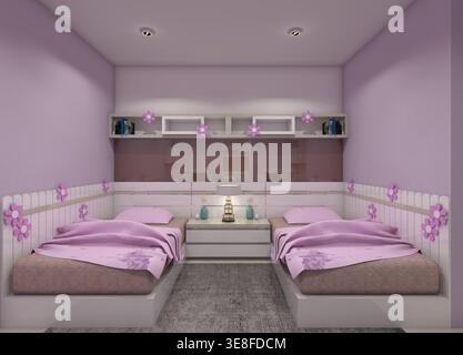 3D-Rendering eines hellen und gemütlichen minimalistischen Mädchenschlafzimmers. Stockfoto