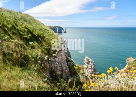 Herrliche Landschaft mit hoch aufragenden Kreidefelsen, einem natürlichen Bogen und einem Meeresstapel entlang der Küste der Normandie an einem sonnigen Sommertag Stockfoto