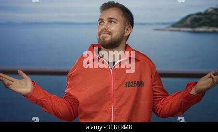 Mann Gefangener, junger kaukasier in orangefarbenem Jumpsuit, Schultern an der Küste am Geländer mit offenen Palmen und Häftlingsnummer auf der Brust; res Stockfoto