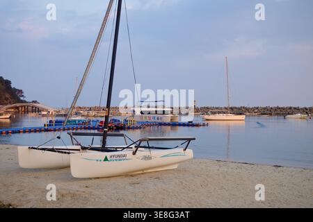 Ein Katamaran ruht am Strand Ilsan neben ruhigem Hafenwasser auf dem Sand, mit verankerten Booten und einem Mole hinter dem kleinen Yachthafen in Ulsan. Stockfoto