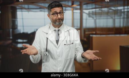 Mann Doktor mit weißem Mantel und Stethoskop zuckt in der Lobby mit Krawatte und Brille die Hände; Unsicherheiten sorgen. Stockfoto