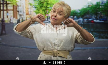 Frau Senior zeigt Daumen nach unten, beide Hände nahe dem Gesicht und sichtbare Armbänder auf einer Kopfsteinpflasterstraße an einem Kanal; Missbilligung. Stockfoto