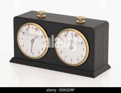 Schachuhr isoliert auf weißem Hintergrund. 3D-Abbildung. Stockfoto