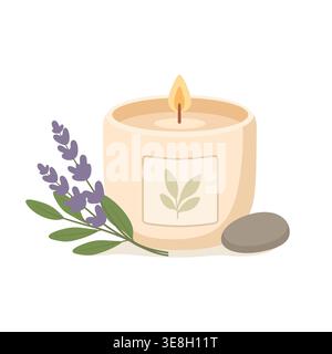 Aromatisch duftende Kerze mit Lavendelzweig und Zen-Stein für Spa Stock Vektor