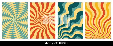 Grooviges Wirbelmuster, abstrakter Vektor-Hintergrund. Funkiges Spiralbanner-Set mit psychedelischer Textur, Retro-Karten mit radialen verzerrten Linien, welligen Streifen, verdrehtem Grafikdesign in Vintage-Farbe Stock Vektor