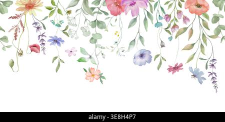 Aquarell Wildblumen nahtlose Grenze, handgezeichneter botanischer horizontaler Rahmen mit Mohnblumen, Lavendel, Wiesenblumen. Abbildung auf weißem Hintergrund. Stockfoto