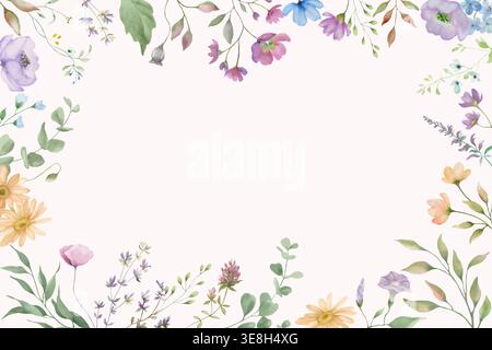 Aquarellrahmen mit Wildblumenrand, handgemalter botanischer Rechteckrahmen mit pastellfarbenen Wiesenblumen und Lavendel. Abbildung isoliert auf weiß. Stockfoto