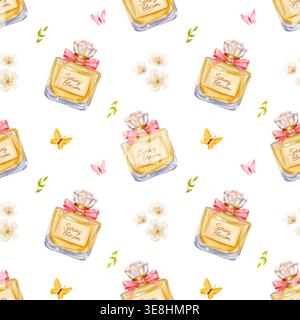 Nahtloses Muster mit Aquarellparfümflaschen, Schmetterlingen, Blumen und Blättern Illustration. Stockfoto