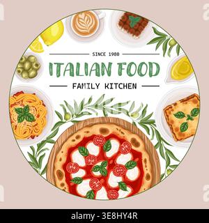 Italienischer Essenskartenhintergrund mit Pizza-Napolitana und Spaghetti-Bolognese. Handgezeichnete Kreisvektor-Illustration für Café-Menü und Restaurant-Vorlage. Zeichentrickzeichnung für Produktverpackungen. Stock Vektor